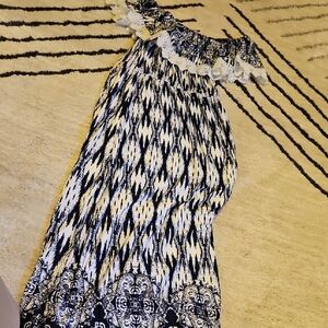 Blue and White Patterned Dress With Shoulder Details.